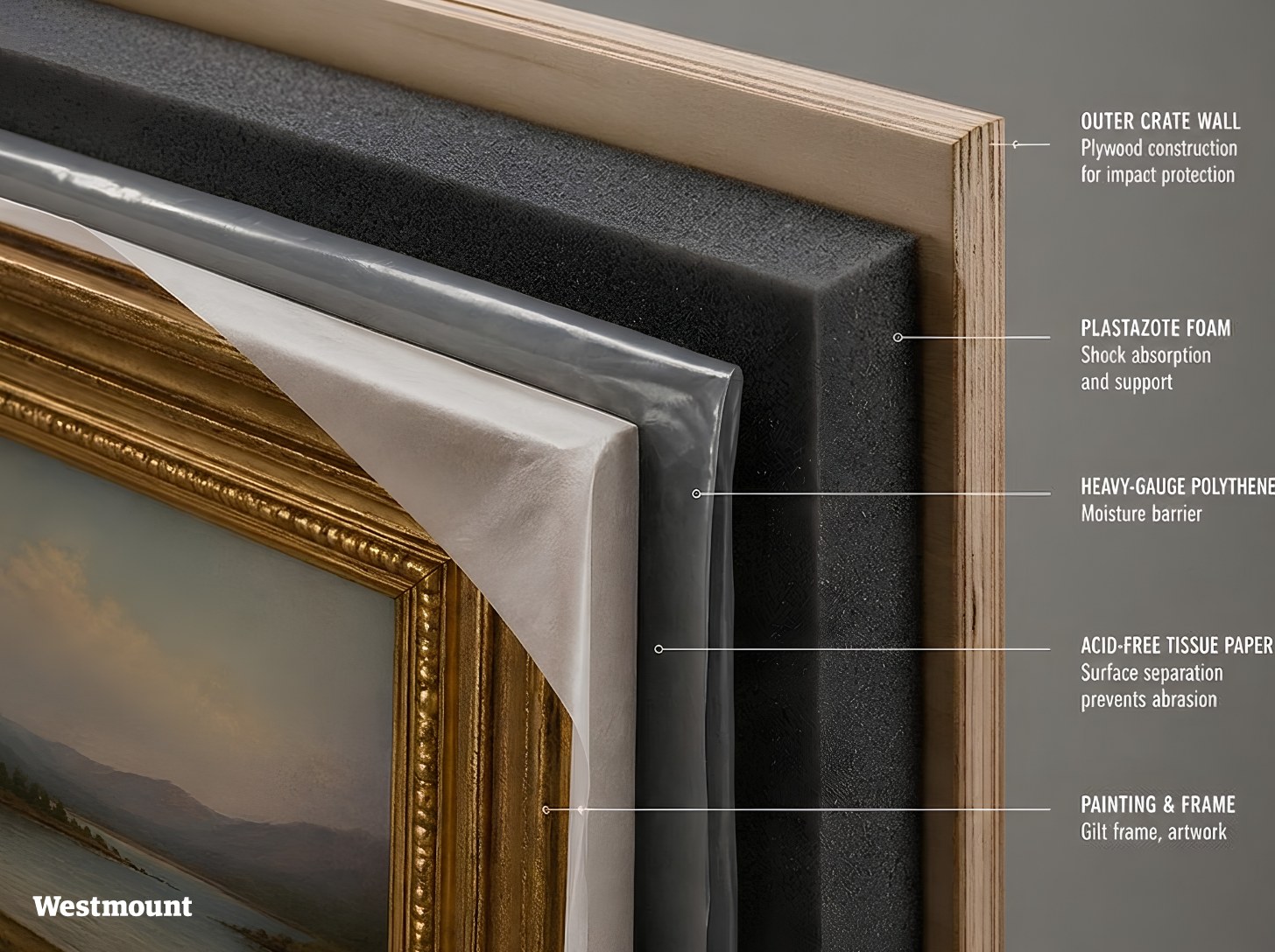 Layered fine art packing system showing the painting, tissue, moisture barrier, Plastazote foam and plywood crate wall.