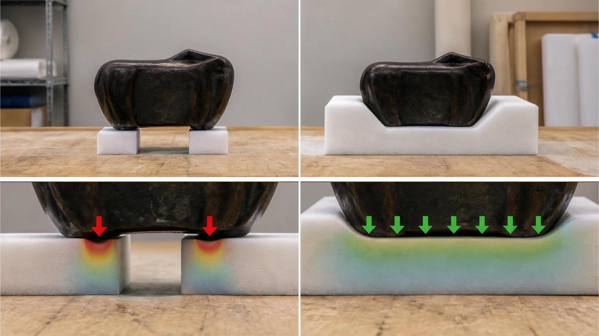 Comparison of damaging point loading with safer distributed foam support beneath a sculpture.